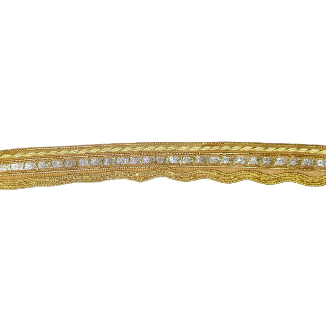 Gold lace trim with rhinestones on a white background