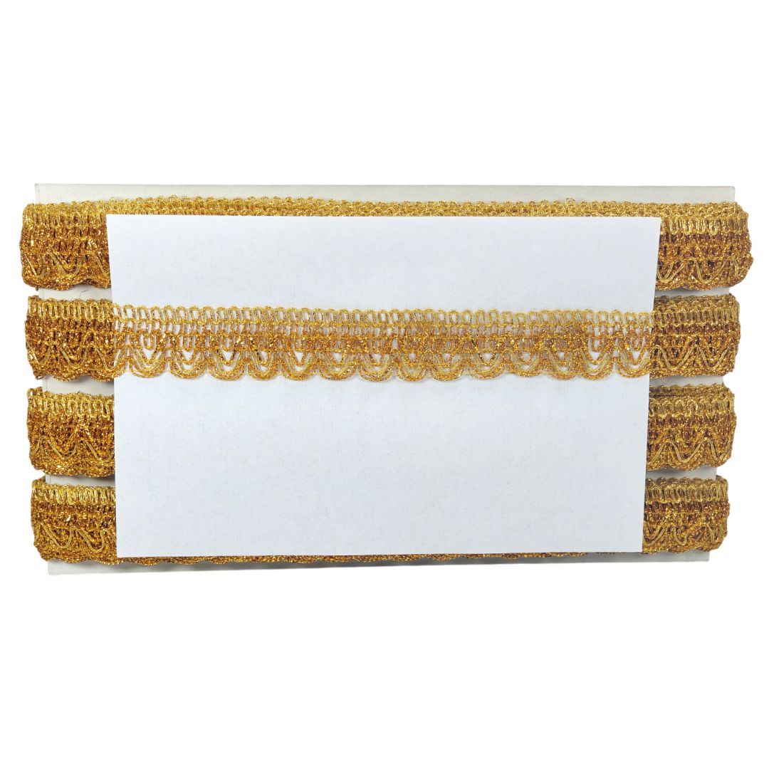 Stack of white papers with gold lace trim on a white background