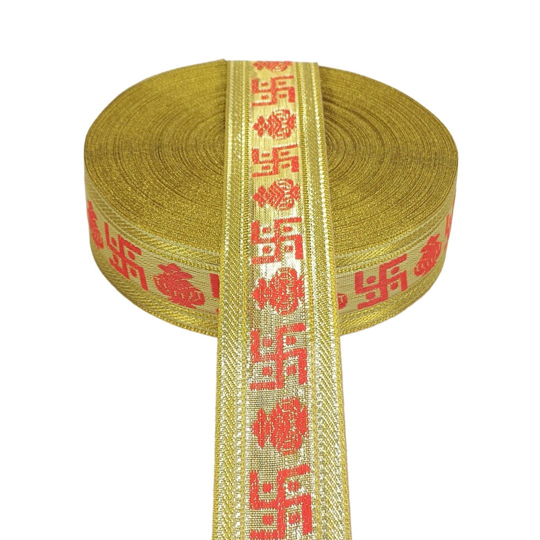 Roll of yellow ribbon with red text on a white background