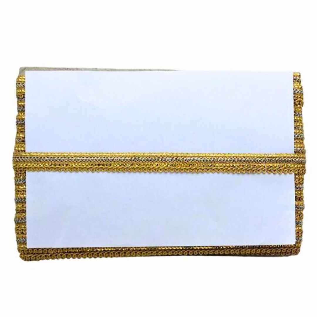 White clutch with gold trim on a white background