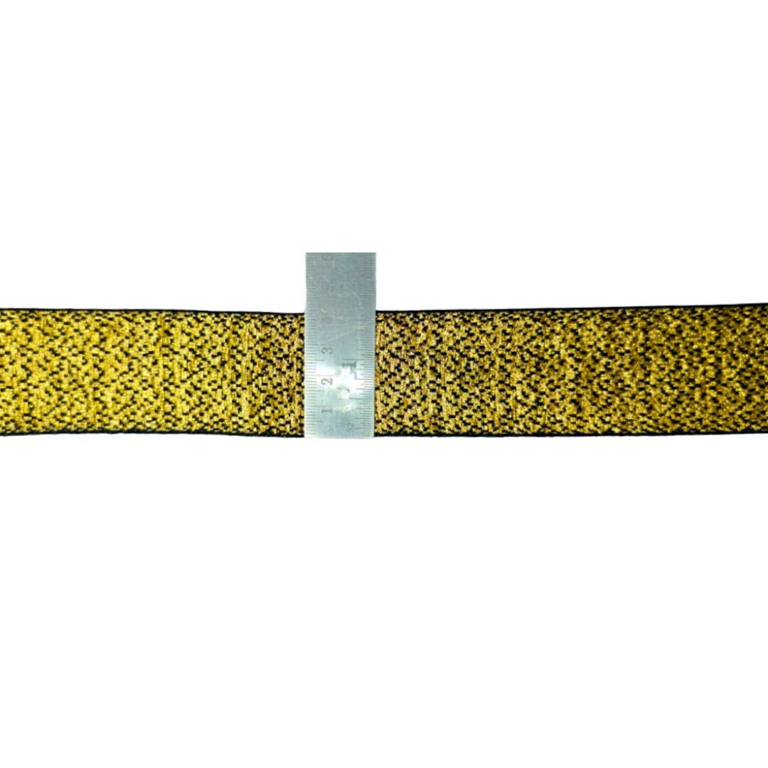 Yellow and black patterned belt with a silver buckle on a white background