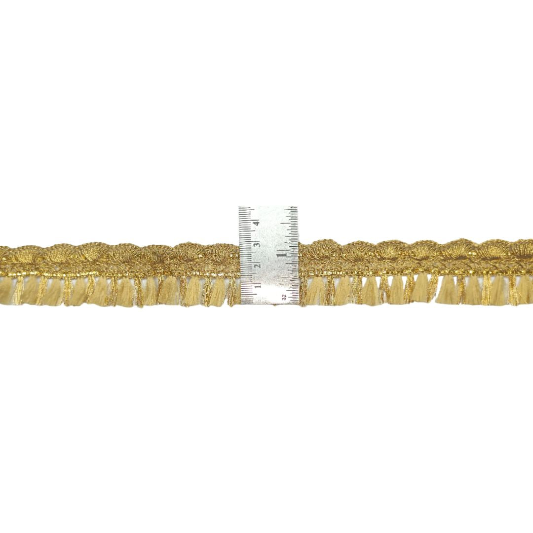 Gold lace trim with a ruler for scale on a white background