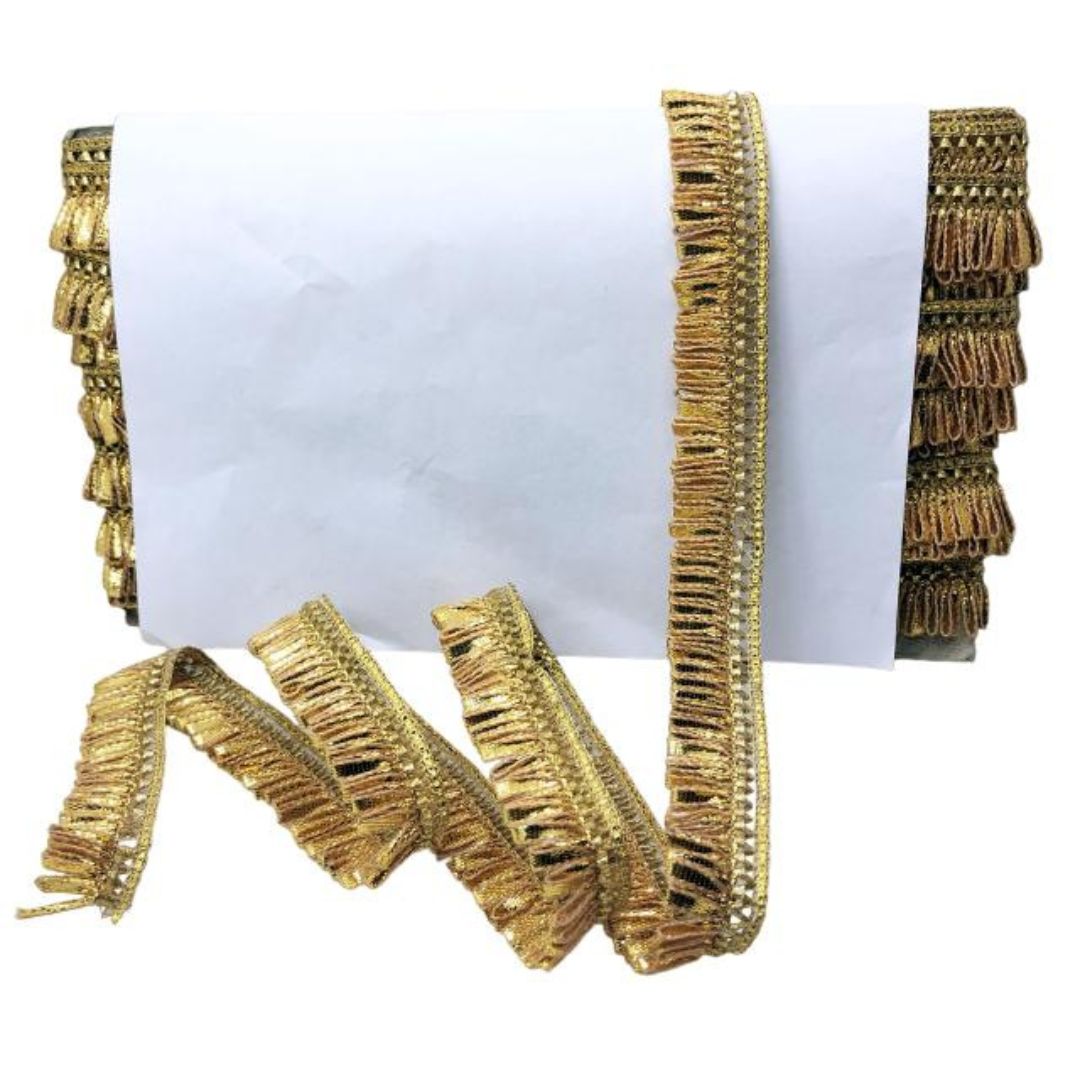 Gold fringe trim on a white background