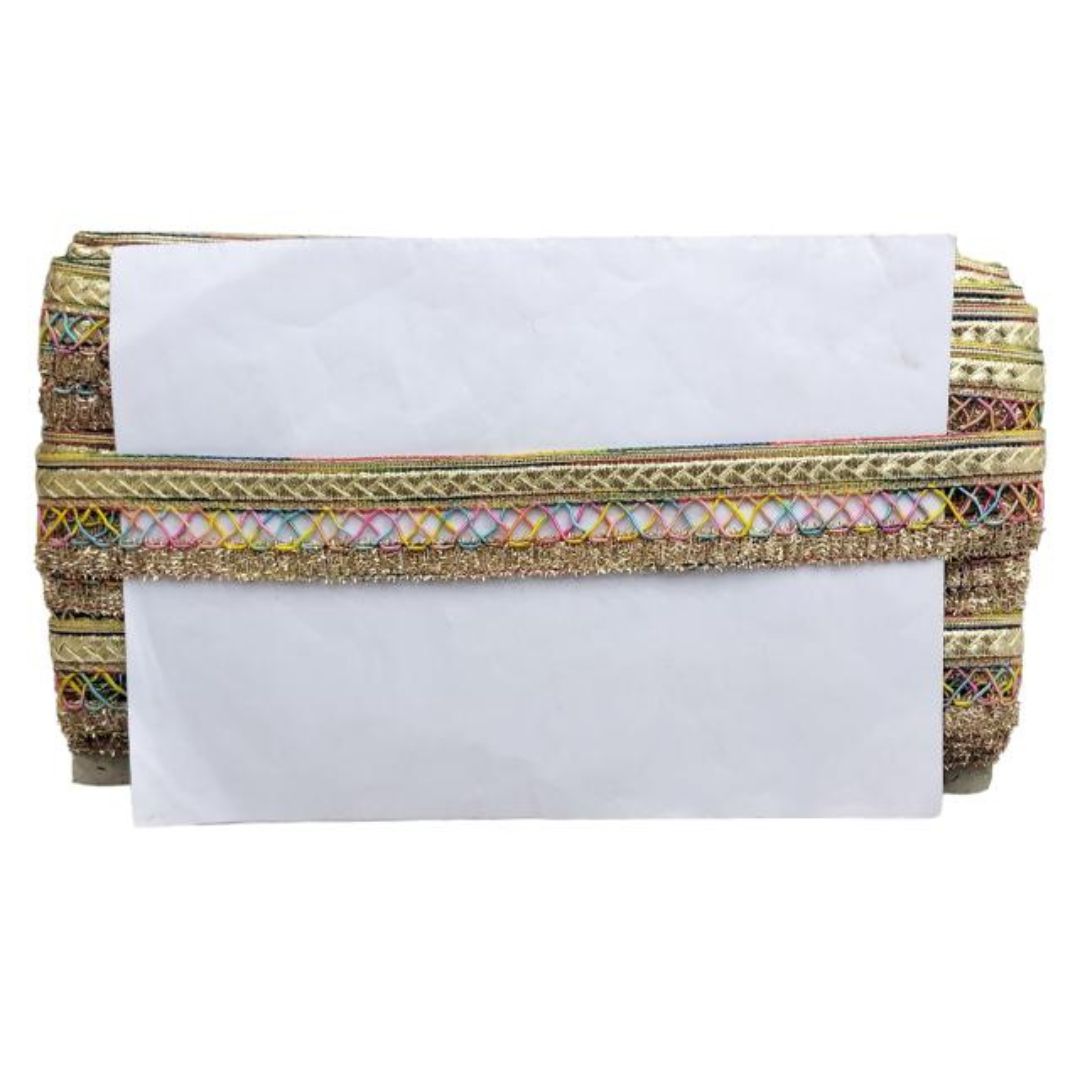 Clutch bag with colorful geometric pattern on a white background