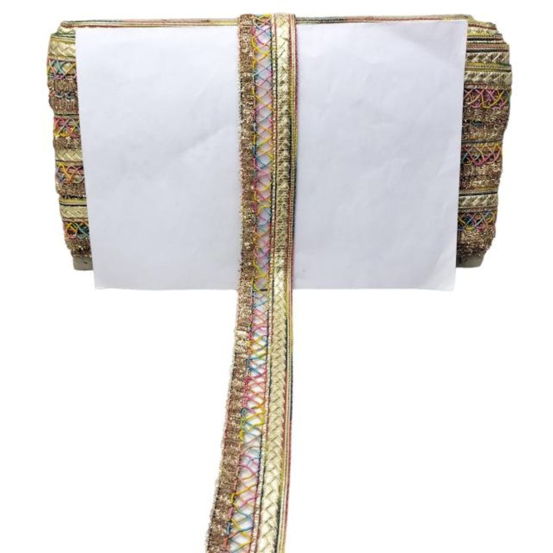 White fabric with colorful geometric patterns on a white background