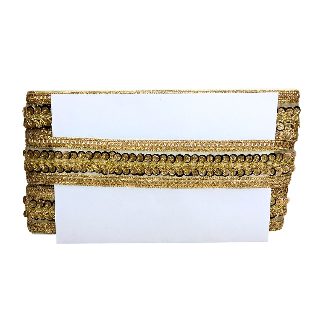Gold clutch with a white card on a white background