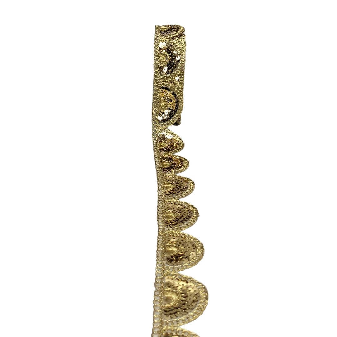 Decorative gold lace trim on a white background