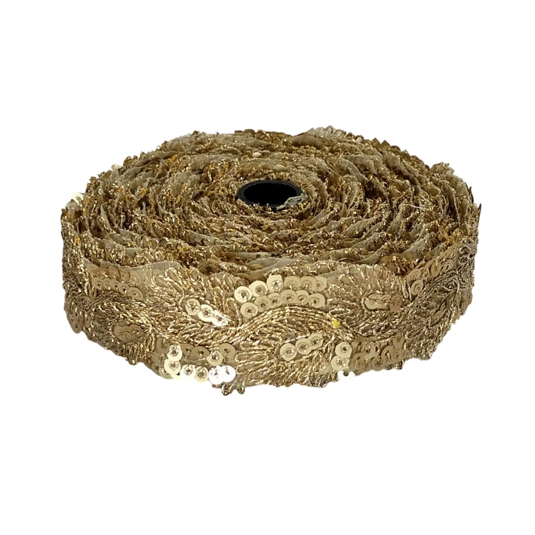 Gold sequined ribbon on a white background