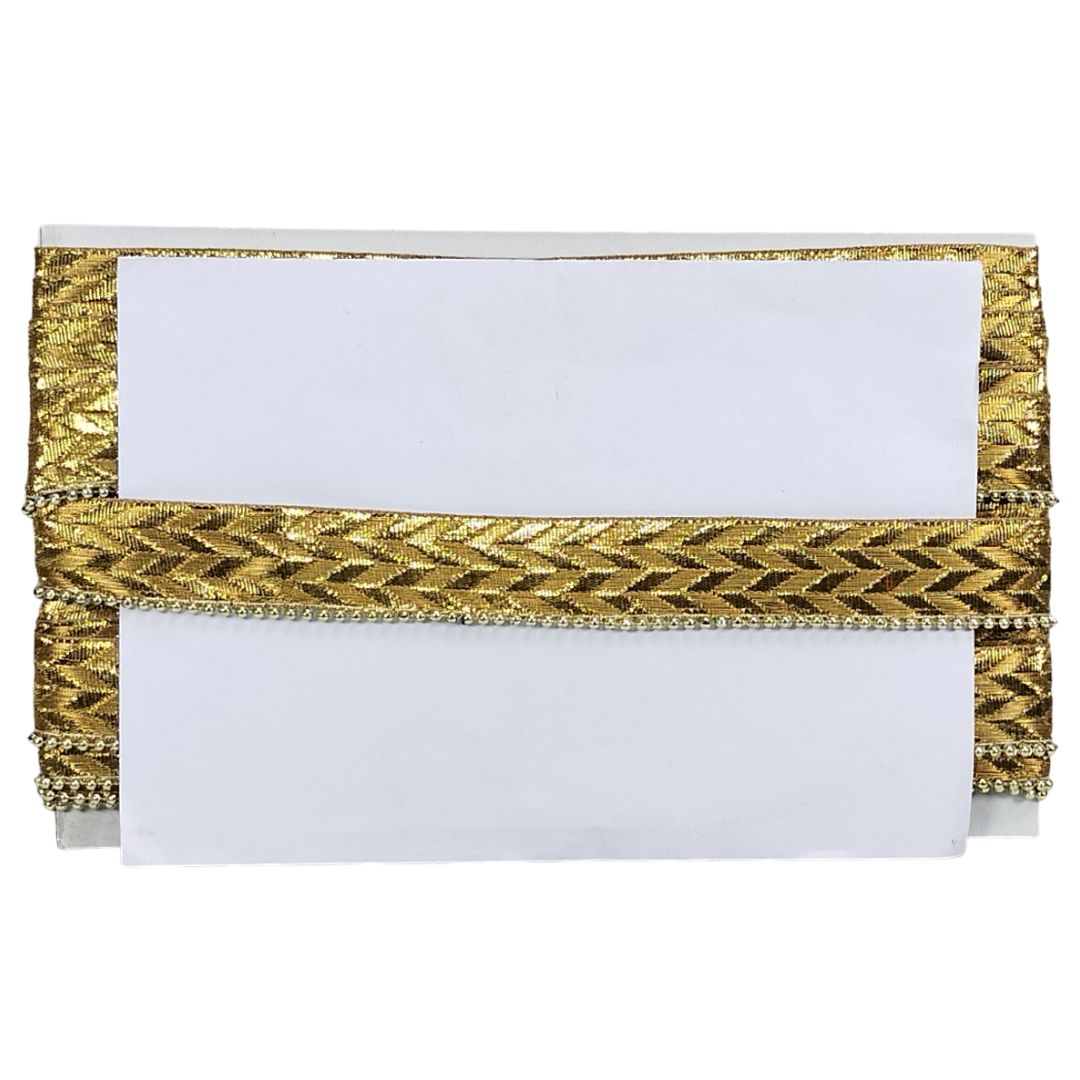 Gold clutch with braided design on a white background