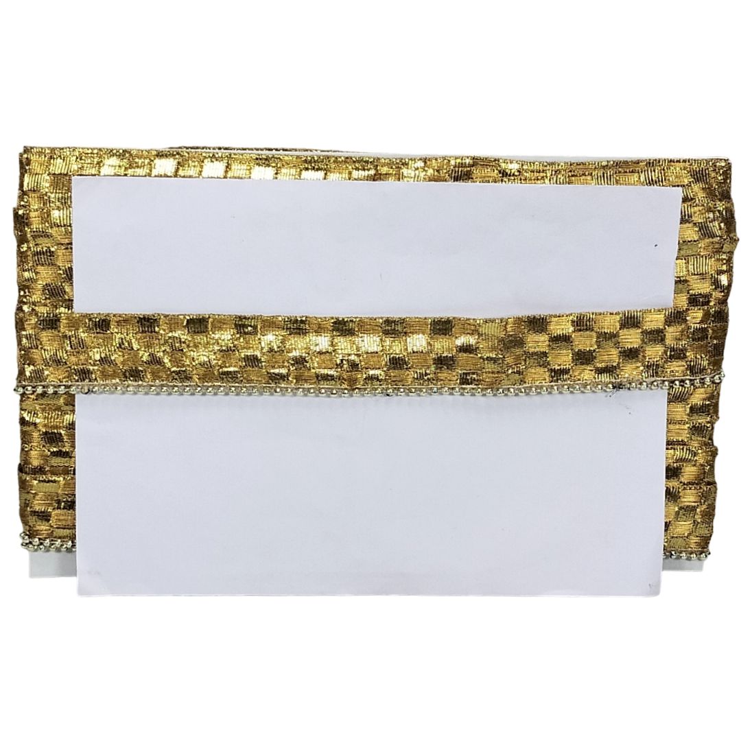 Gold clutch with a white interior on a white background