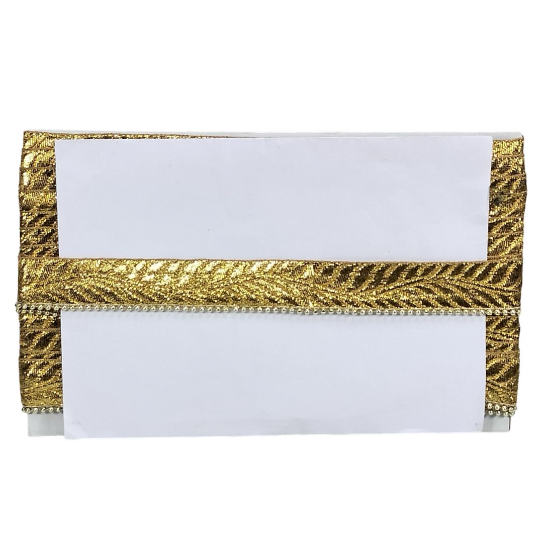 White clutch with gold decorative band on a white background