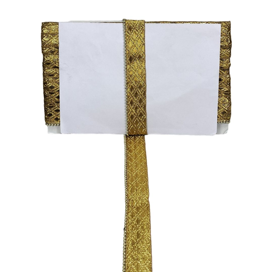 White fabric with gold embroidery on a white background