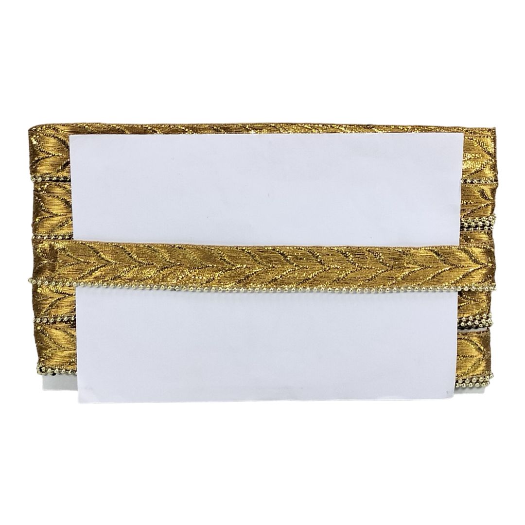 Gold clutch with a white card inside on a white background