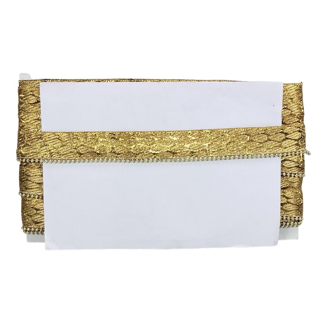 Gold clutch with white interior on a white background