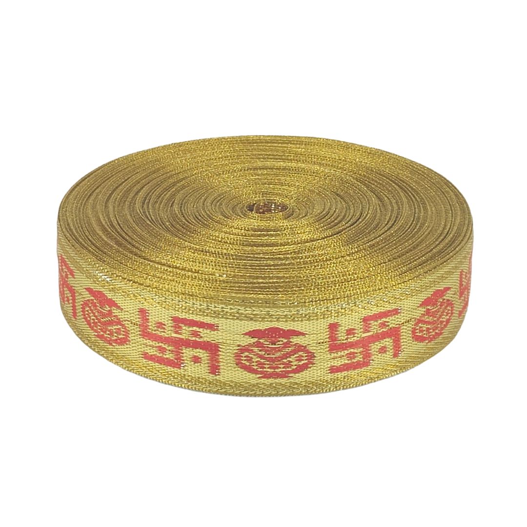 Roll of yellow webbing with red text on a white background