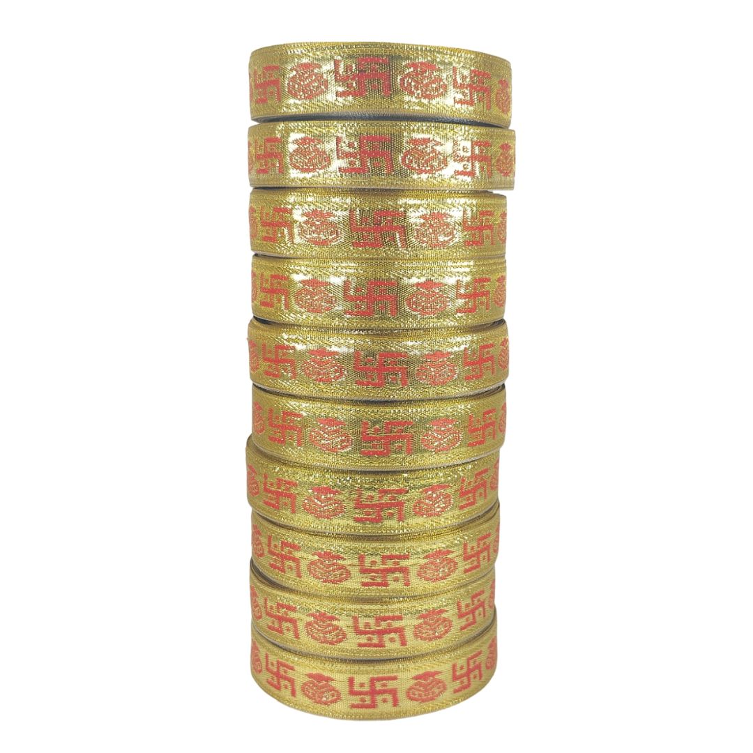 Stack of gold bracelets with red text on a white background