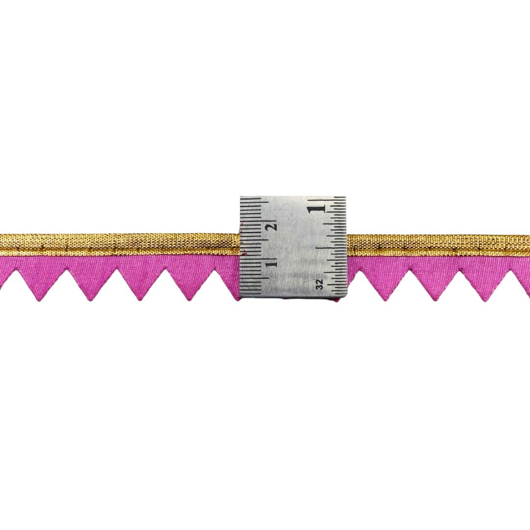 Gold and pink border with a measuring tape for scale on a white background
