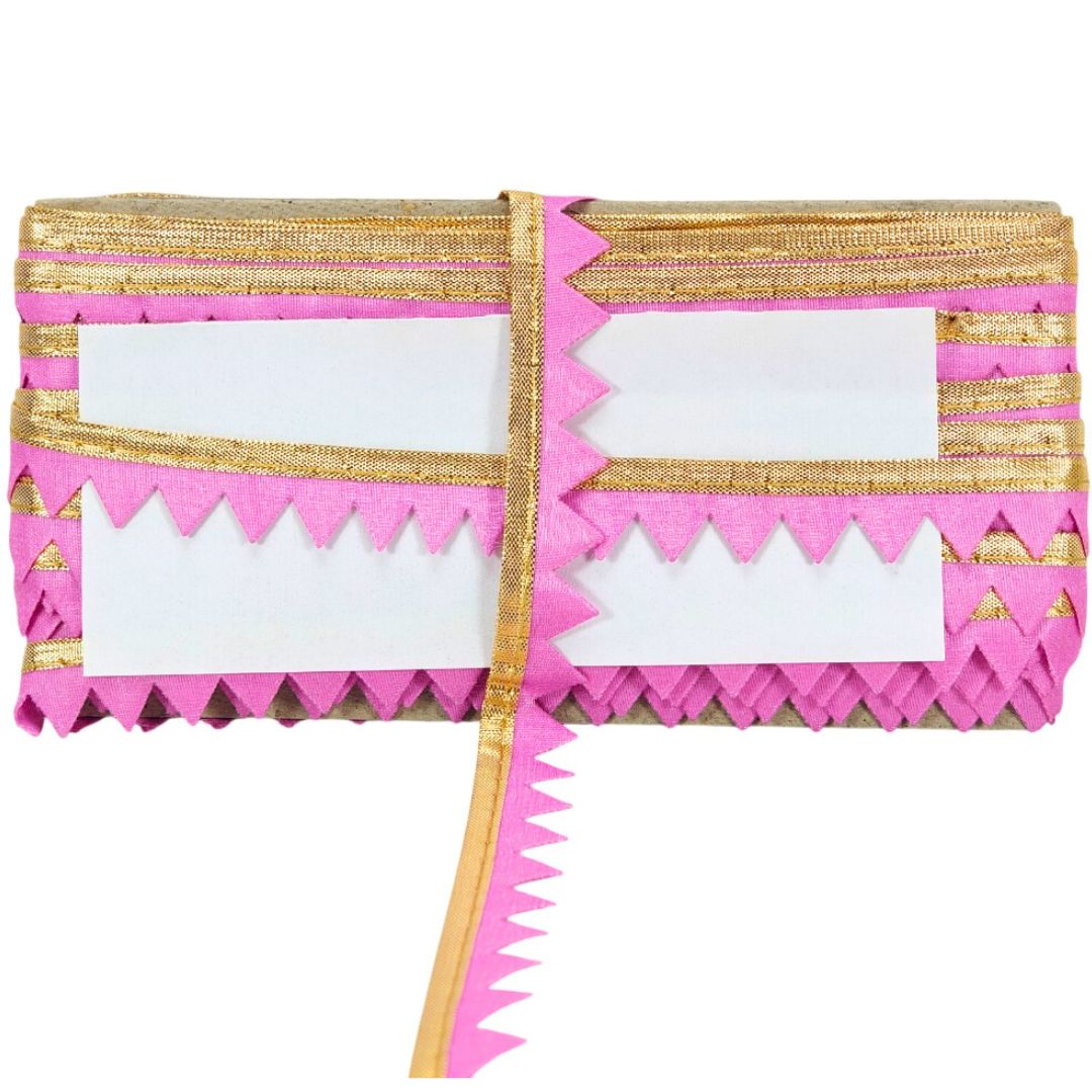 Pink and gold decorative item with triangular patterns on a white background