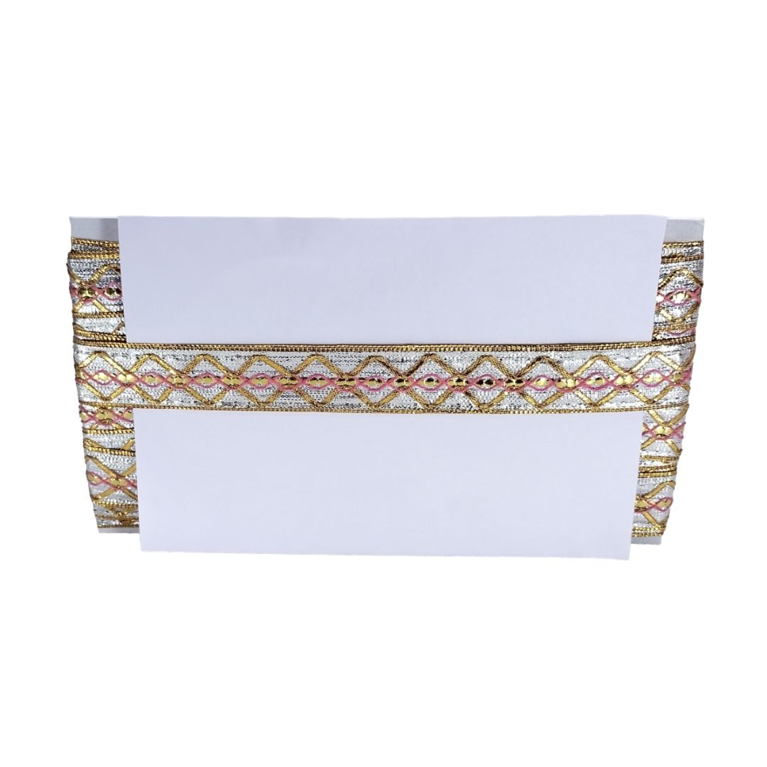 White card with gold and pink decorative border on a white background