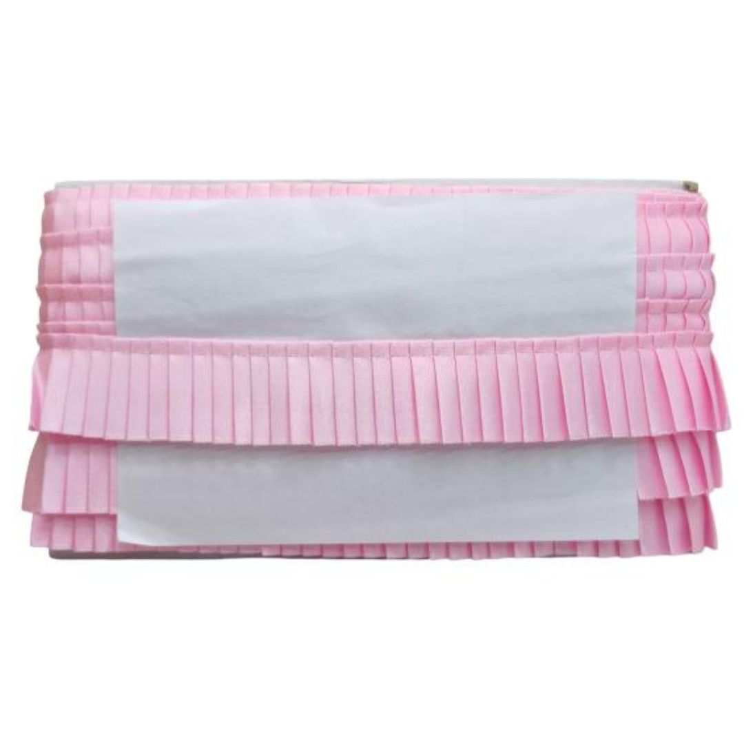 Pink pleated clutch bag on a white background