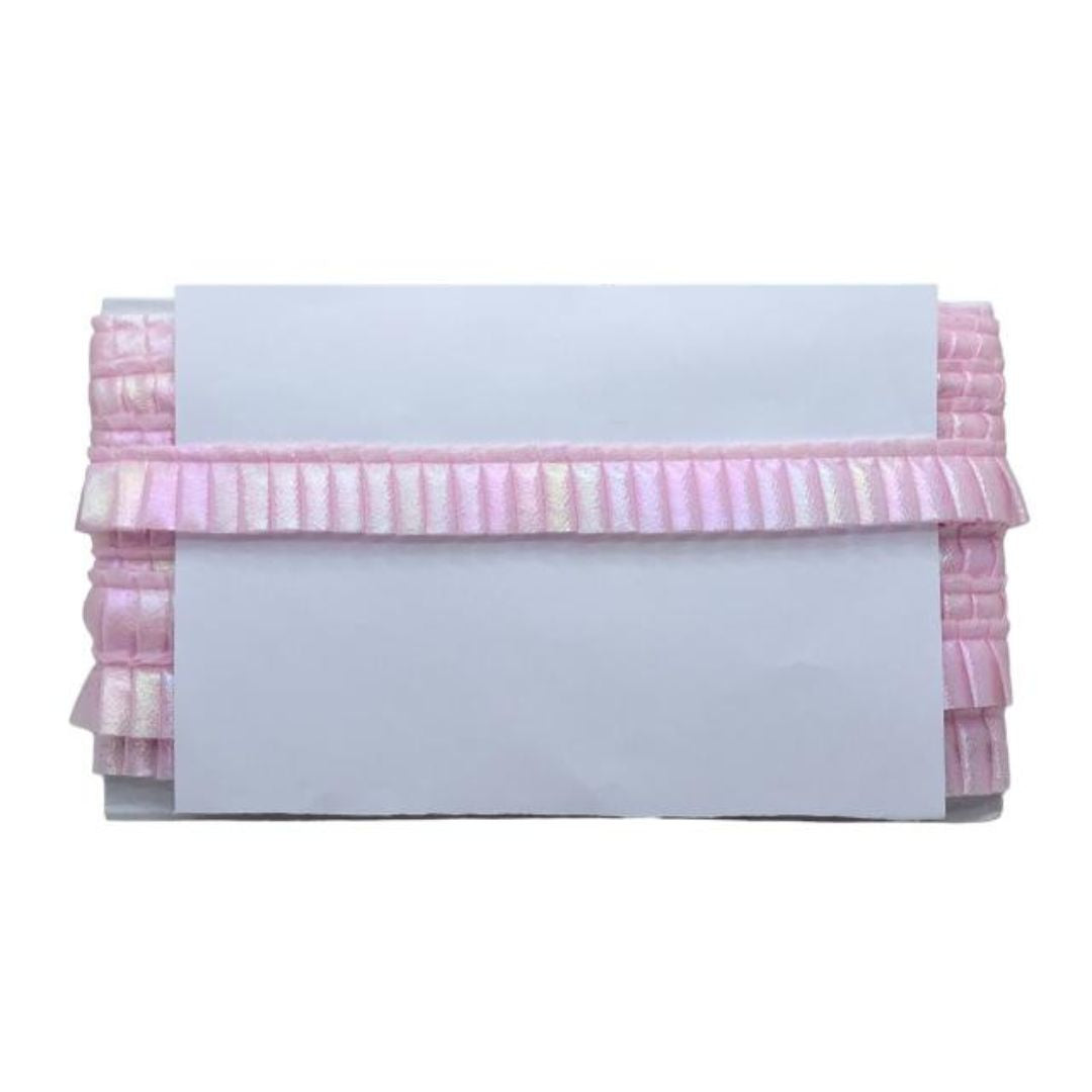 Pink ruffled clutch bag on a white background