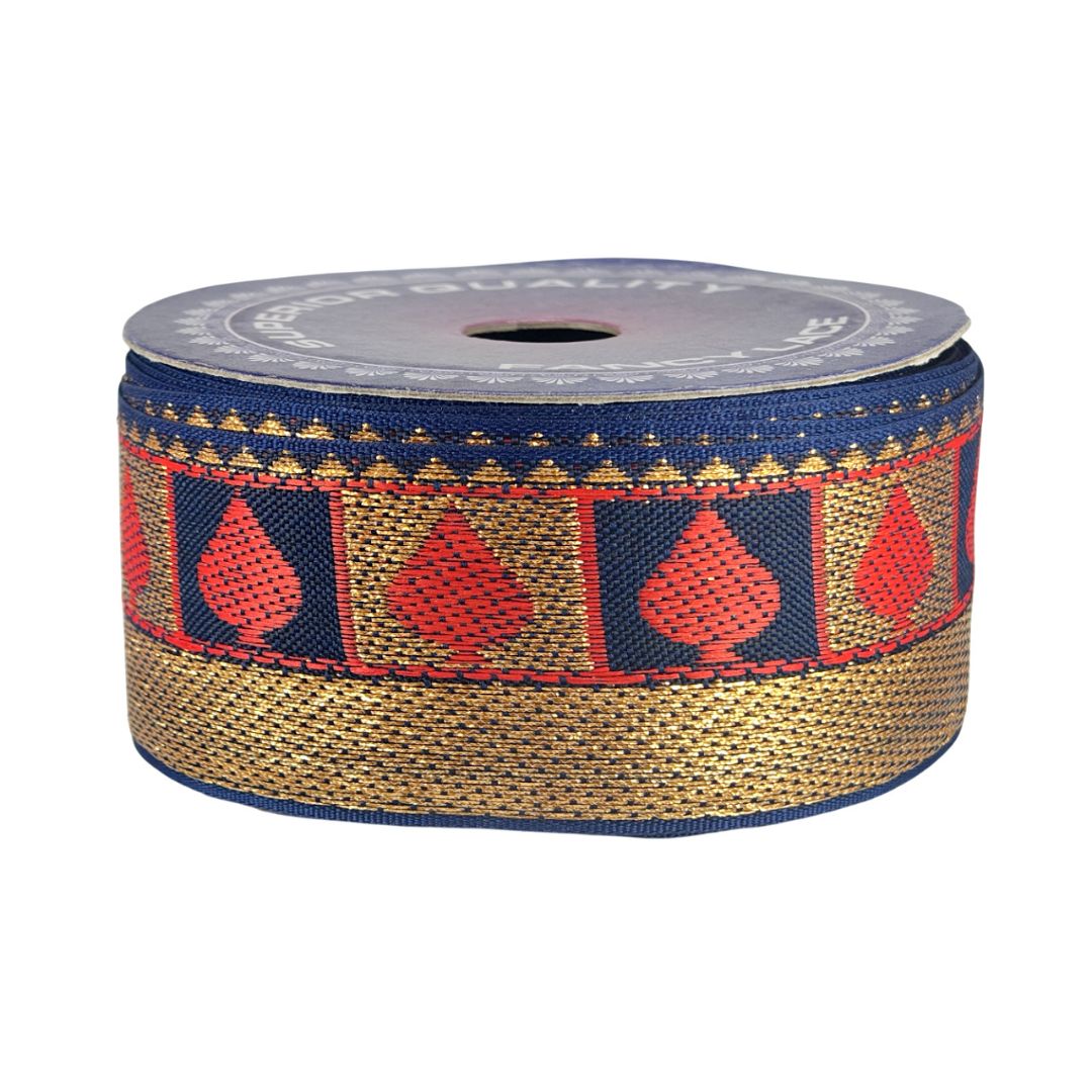 Roll of ribbon with red and blue pattern on a white background