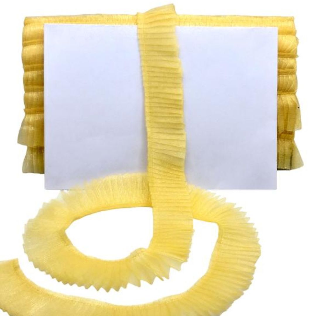 Yellow ribbons with white cards on a white background