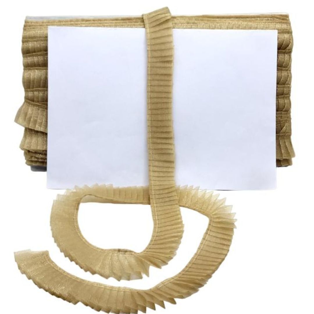 Beige ribbed belt with a white card on a white background