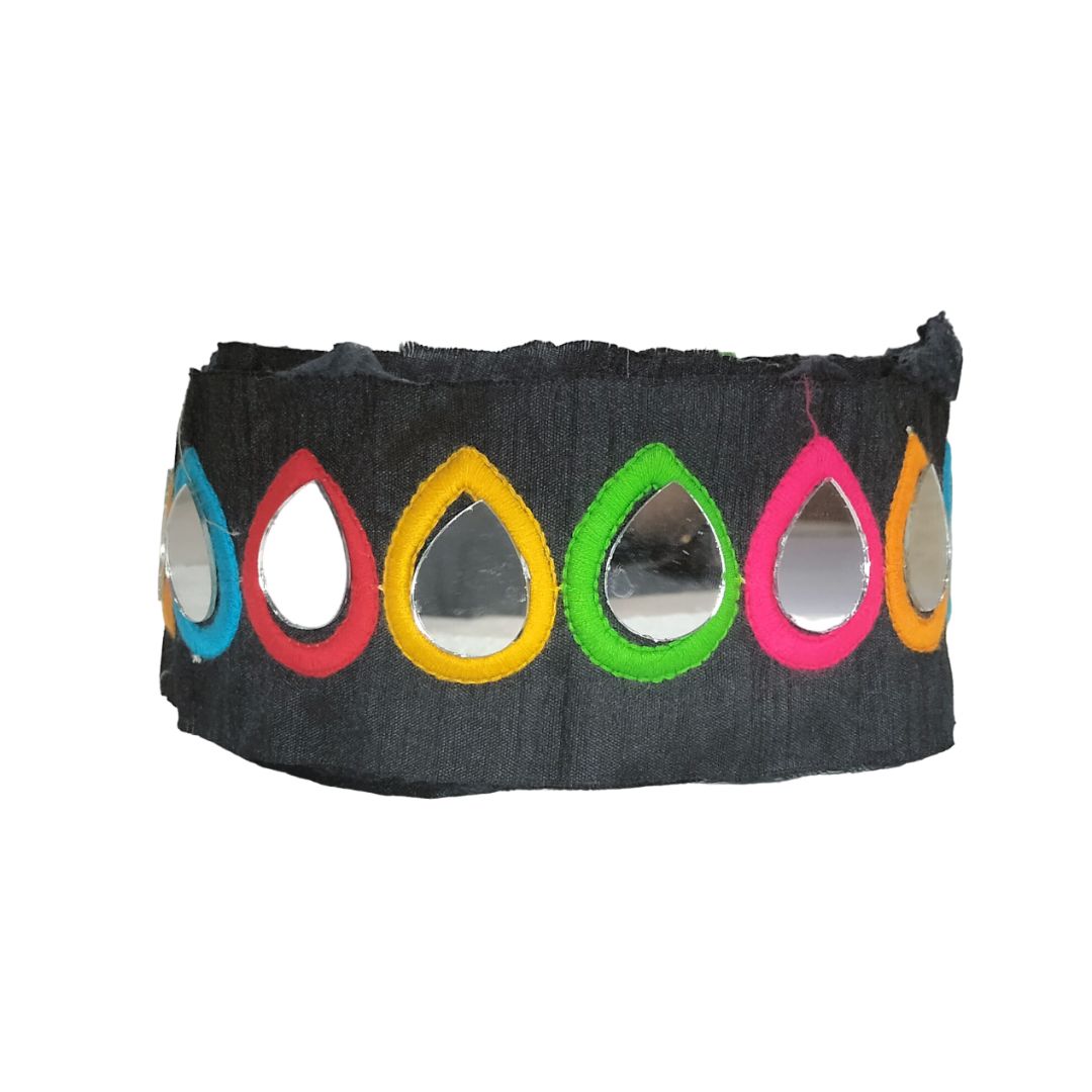 Black headband with colorful mirror teardrop designs on a white background