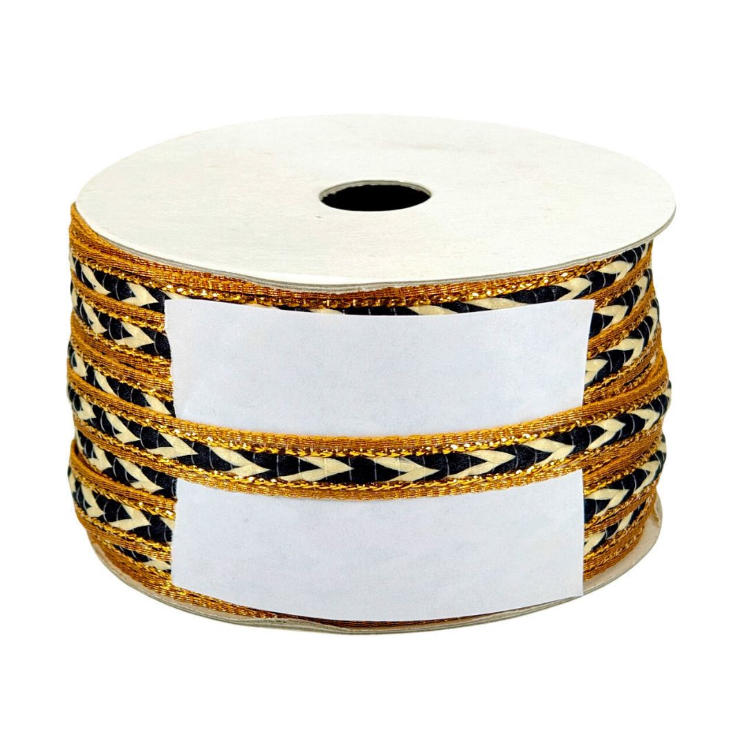 Roll of ribbon with black and gold pattern on a white background
