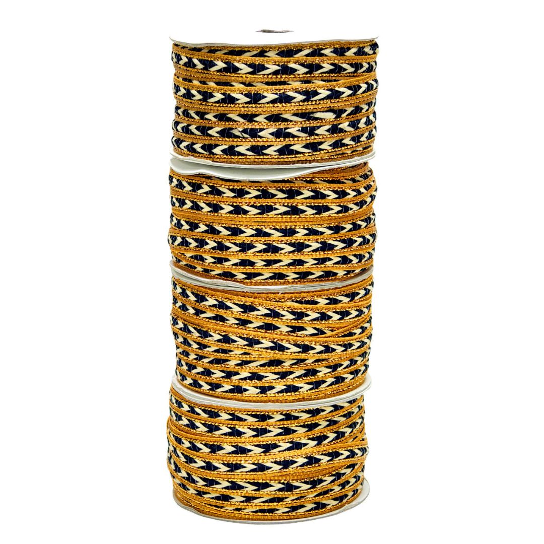 Stack of colorful bangles with geometric patterns on a white background