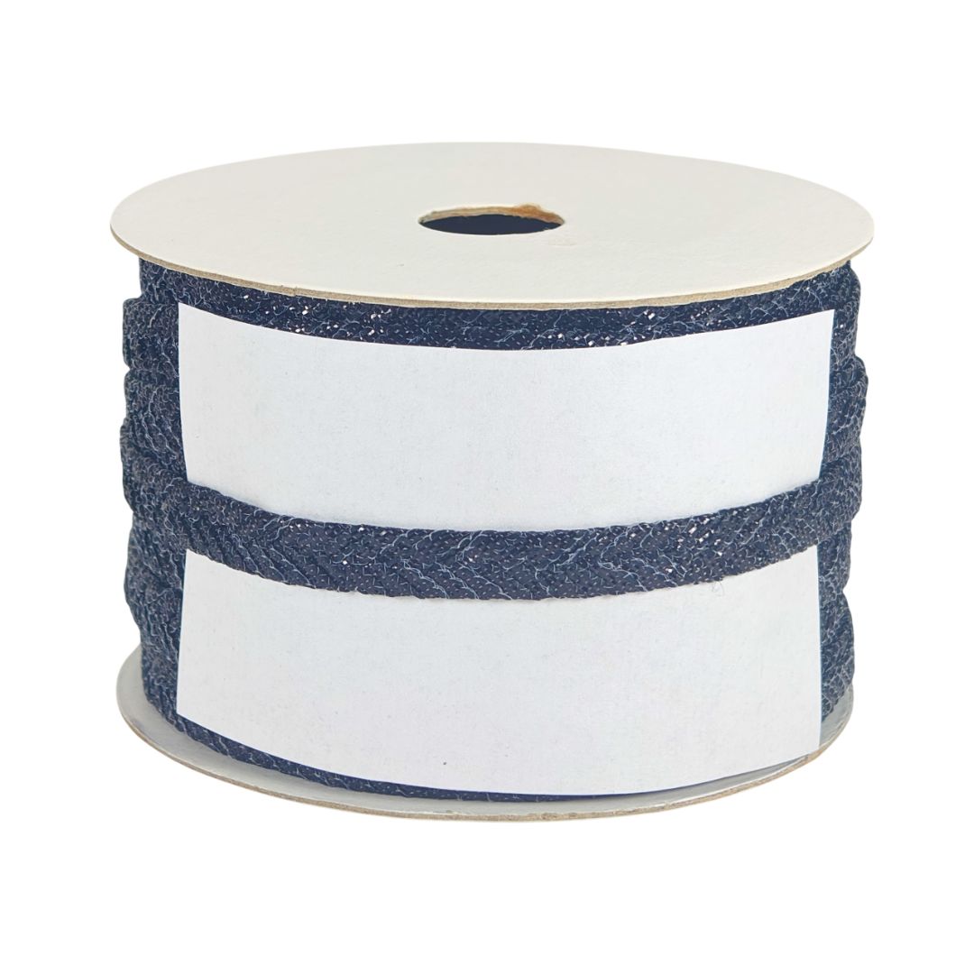 Spool of white ribbon with blue edge on a white background