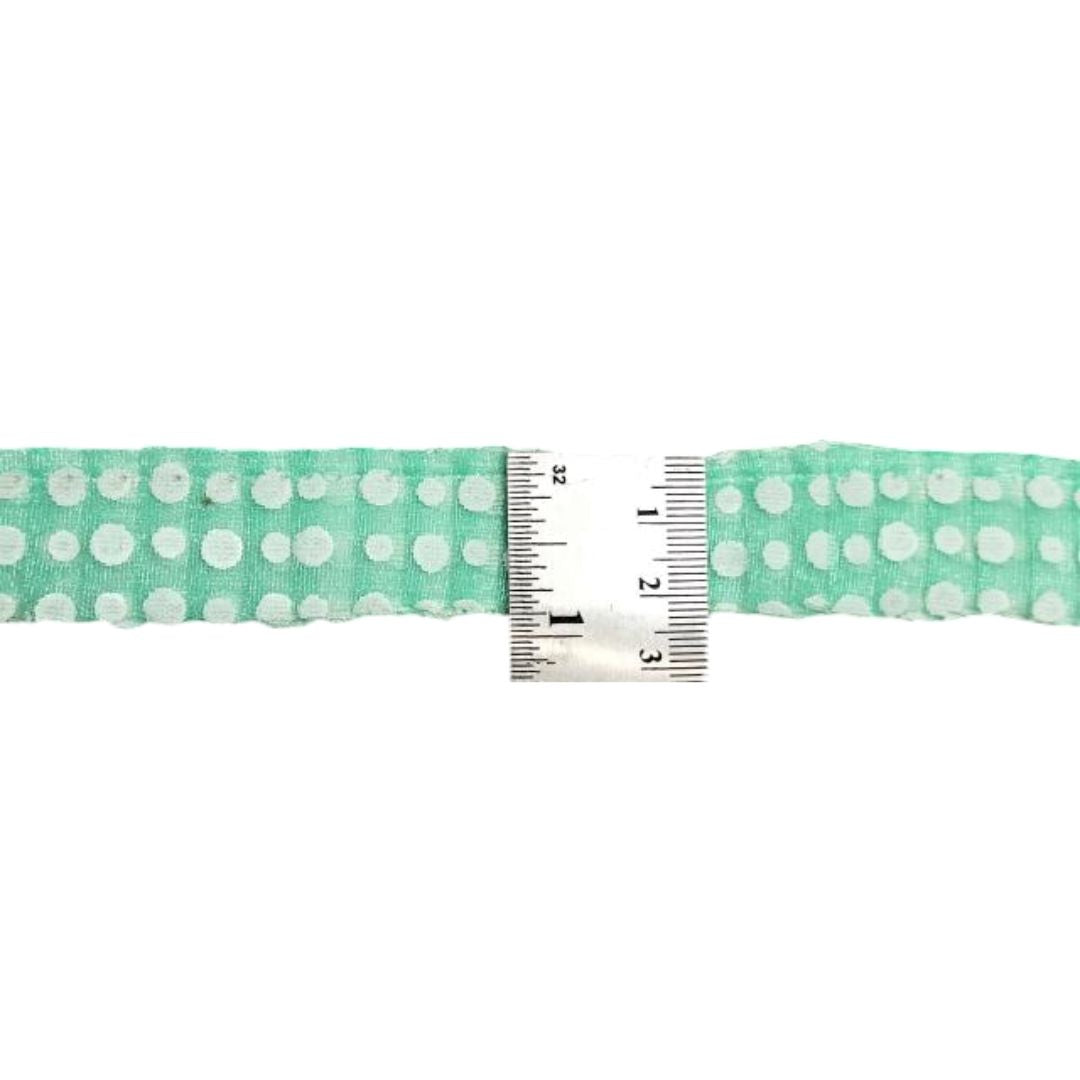 Green ribbon with white polka dots and a ruler for measurement on a white background