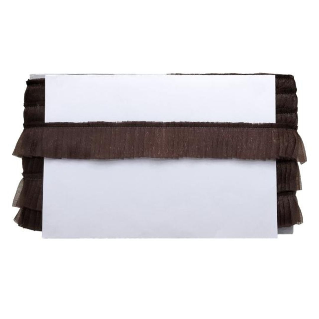 White card with brown ruffled trim on a white background