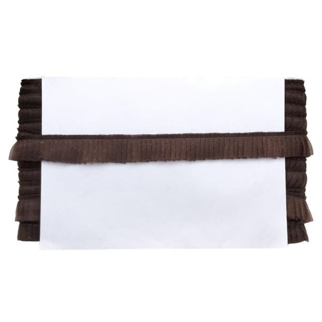 White card with brown ruffled trim on a white background