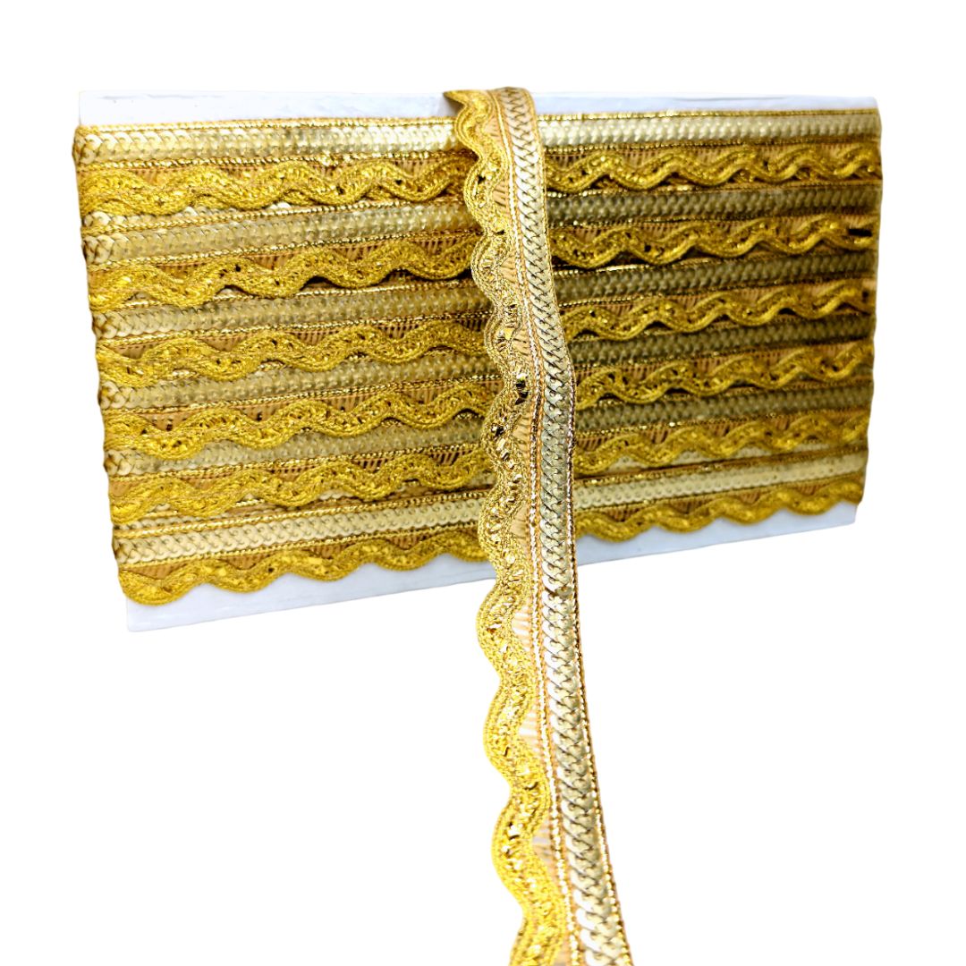 Gold lace ribbon on a white background