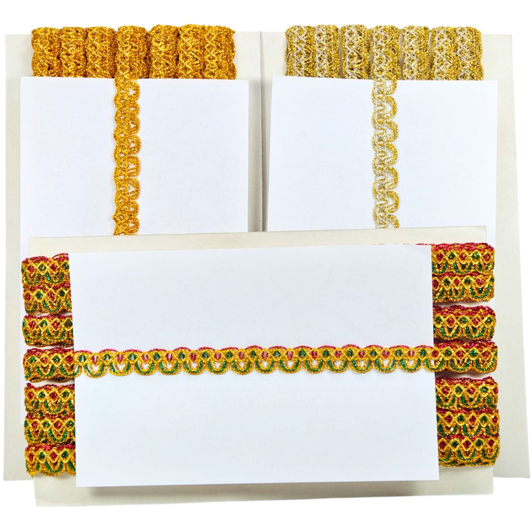 Set of four white cards with colorful decorative borders on a white background