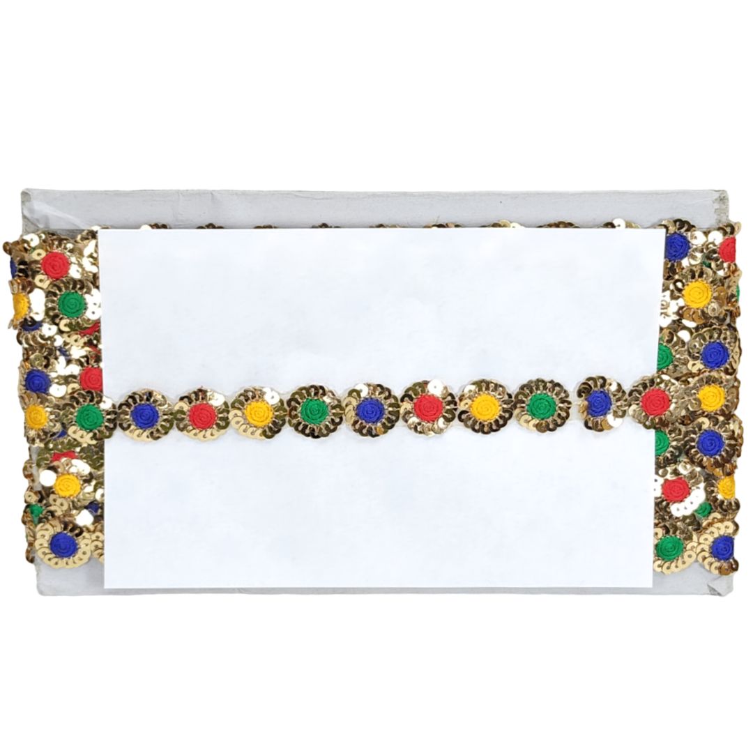 Kurlz 20mm Exclusive Antik Golden Sequins With Multy Thread Embroidery Border For Sarees, Lehenga, Suits, Blouses, Dupatta | Size: 9 Yards