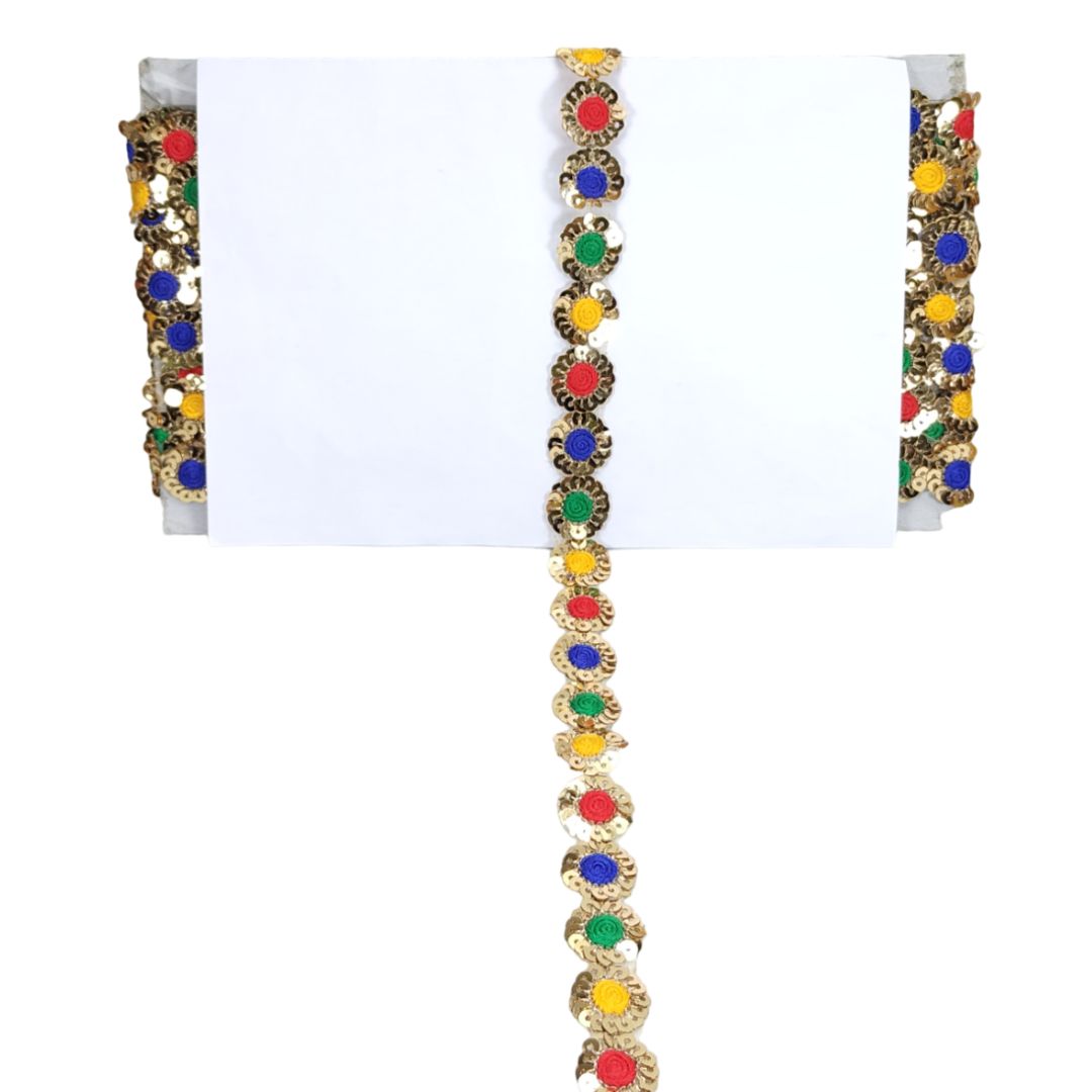 Kurlz 20mm Exclusive Antik Golden Sequins With Multy Thread Embroidery Border For Sarees, Lehenga, Suits, Blouses, Dupatta | Size: 9 Yards