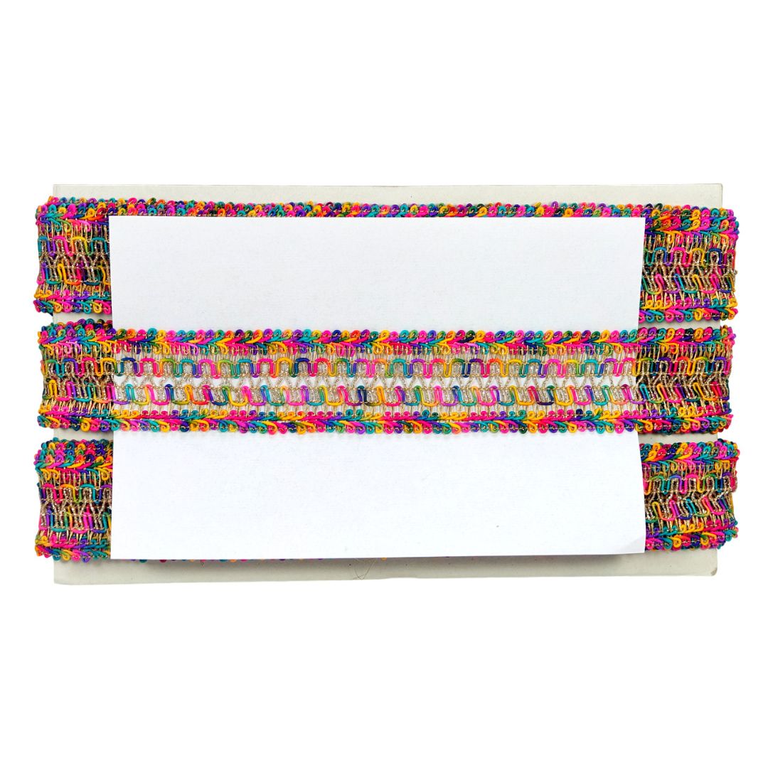 Colorful woven border with a white center on a white background