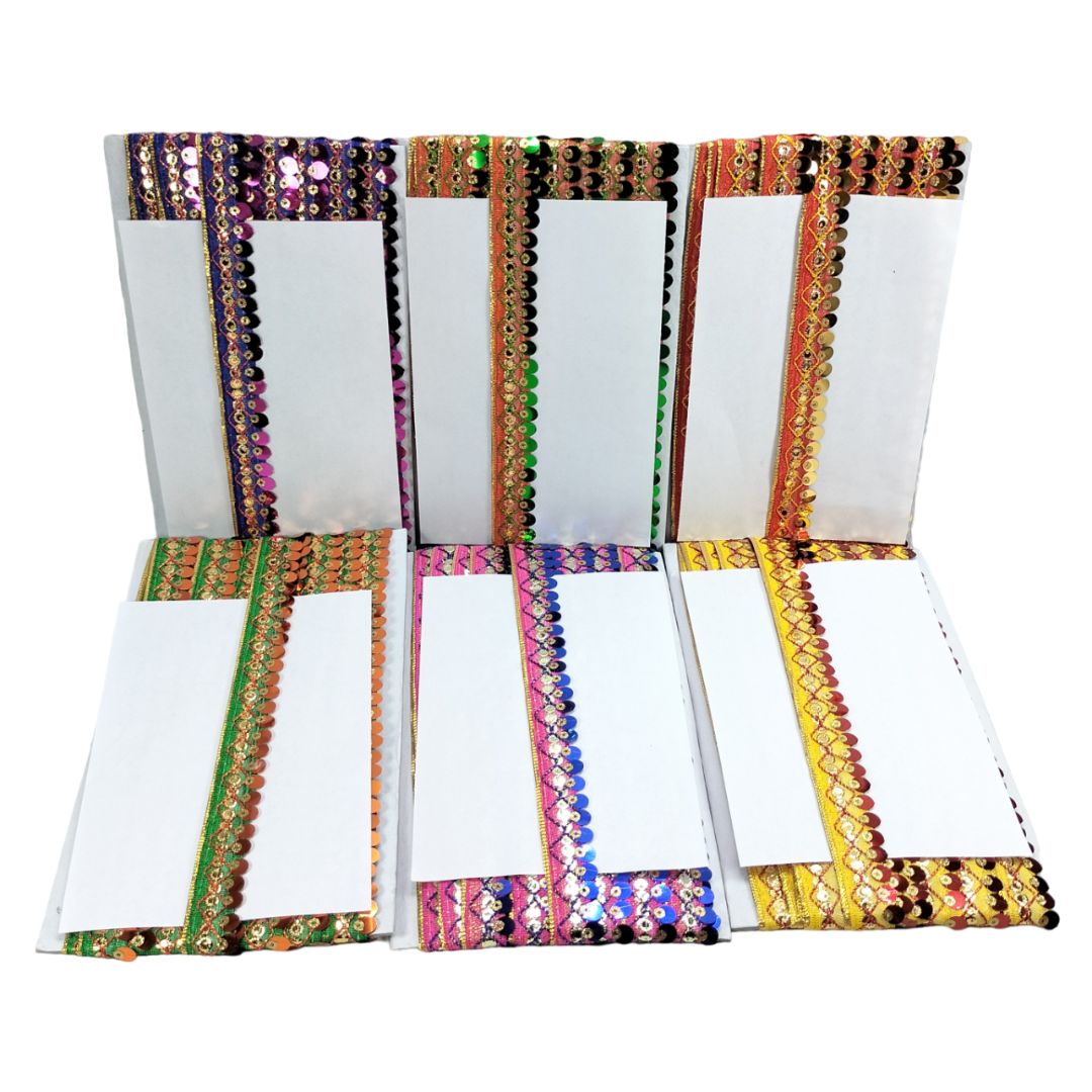 Set of six white cards with colorful decorative borders on a white background