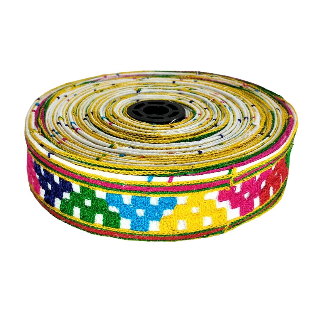 Colorful woven belt with a geometric pattern on a white background