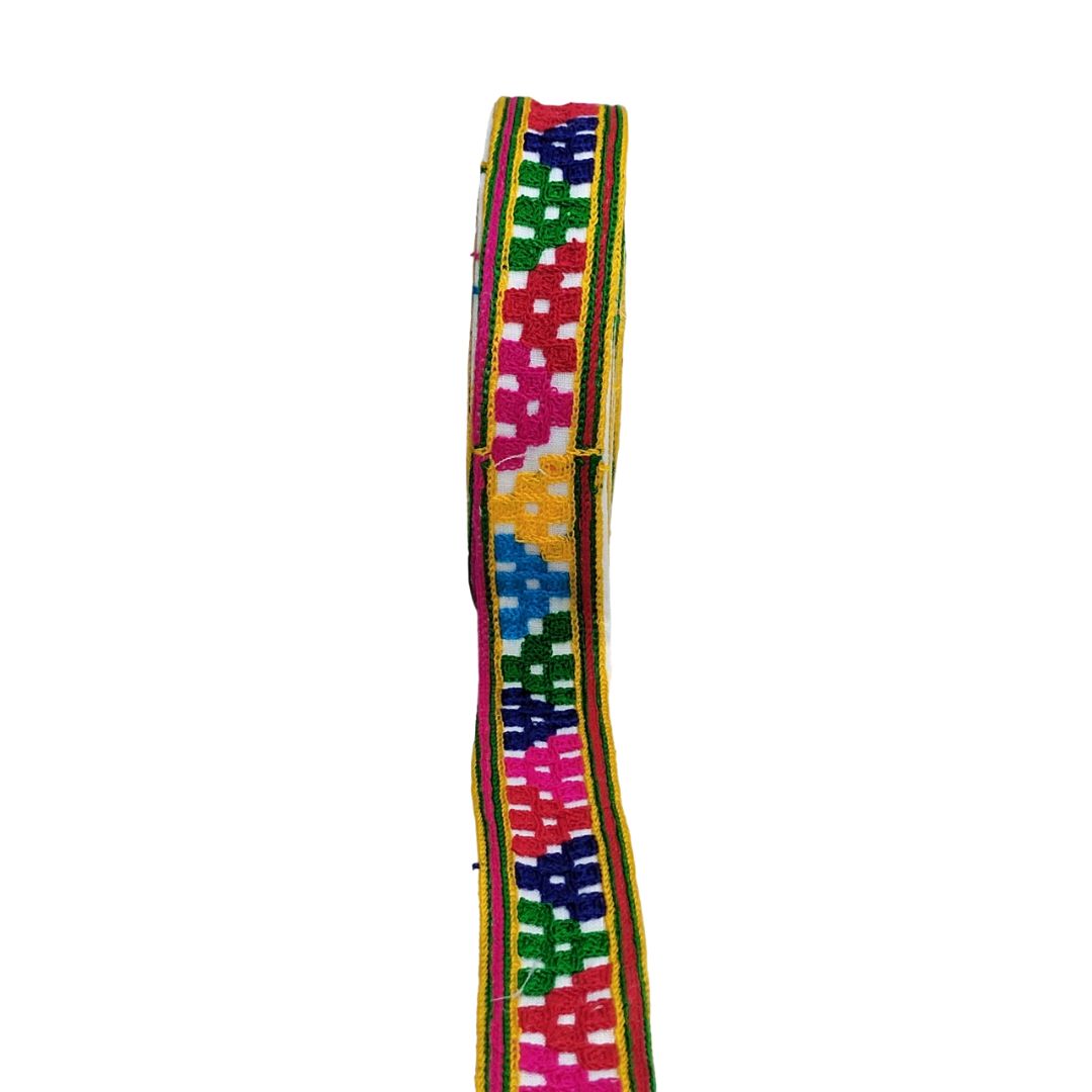 Colorful woven belt with geometric pattern on a white background