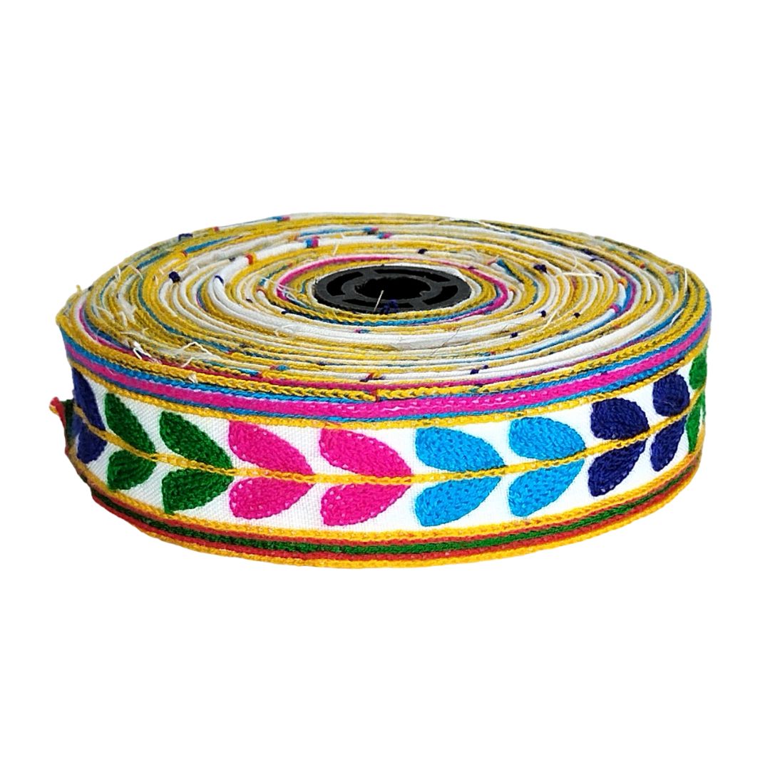 Colorful floral-patterned ribbon on a white background