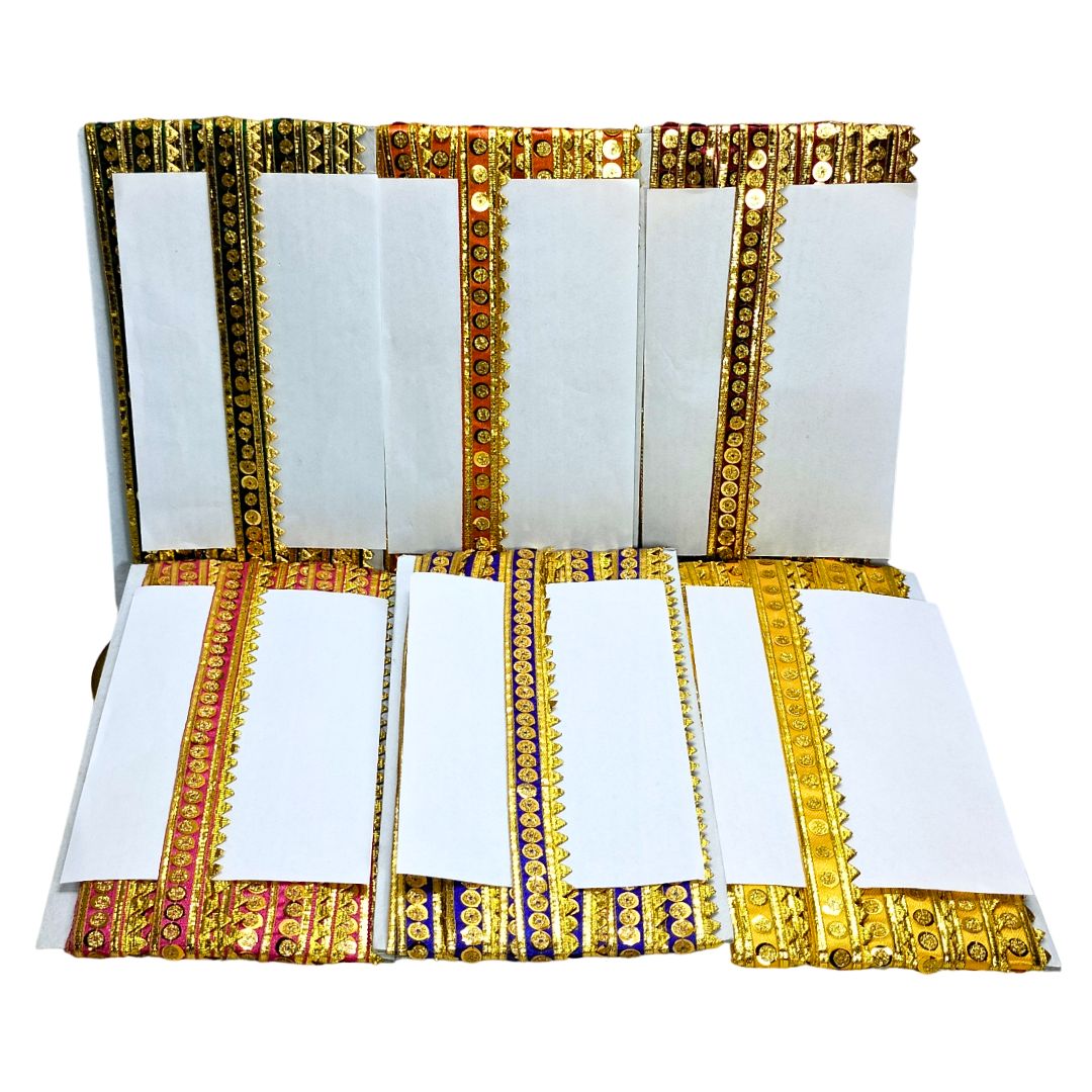 Set of white cards with gold and multicolor decorative borders on a white background