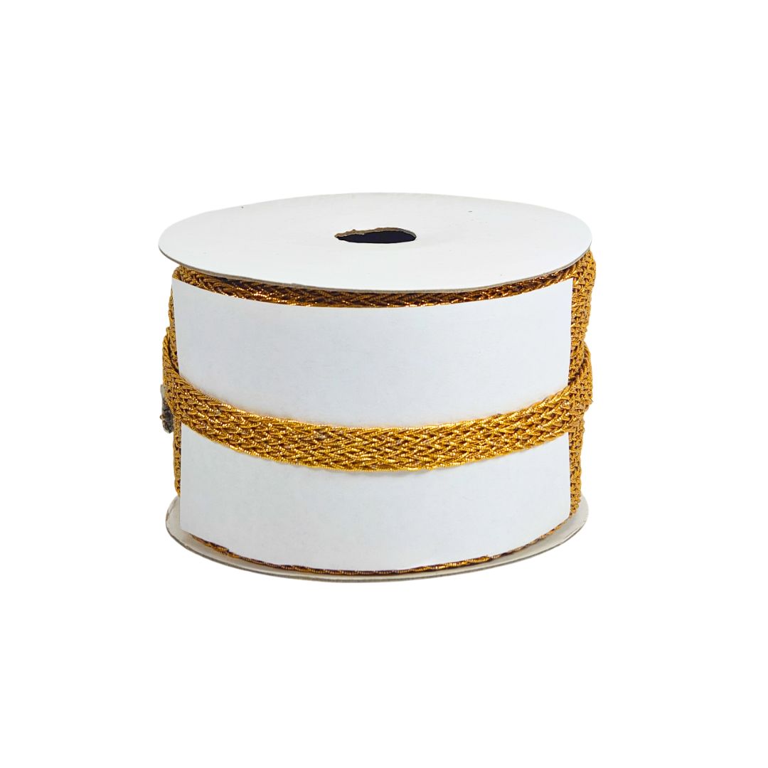 Spool of white ribbon with gold edge on a white background
