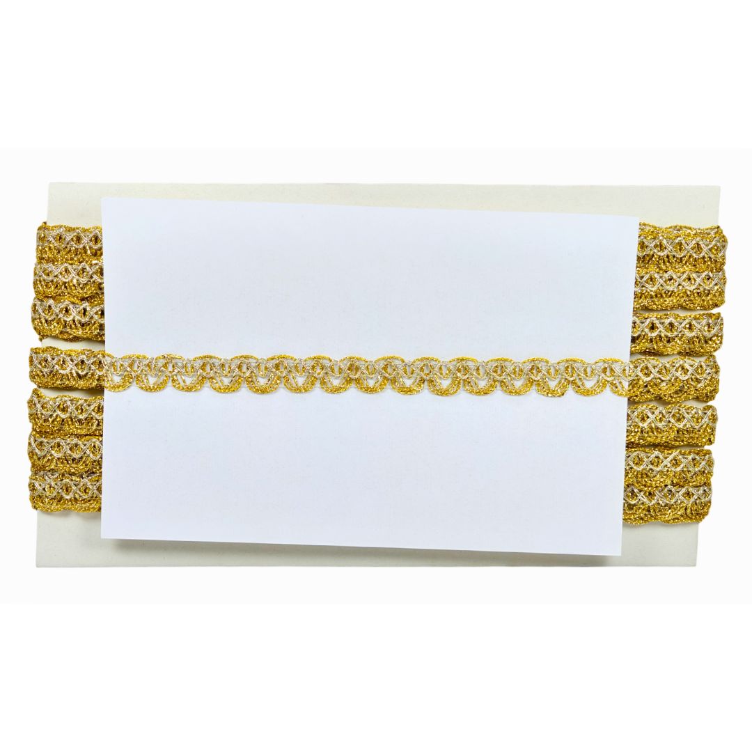 Gold lace trim on a white card with gold border