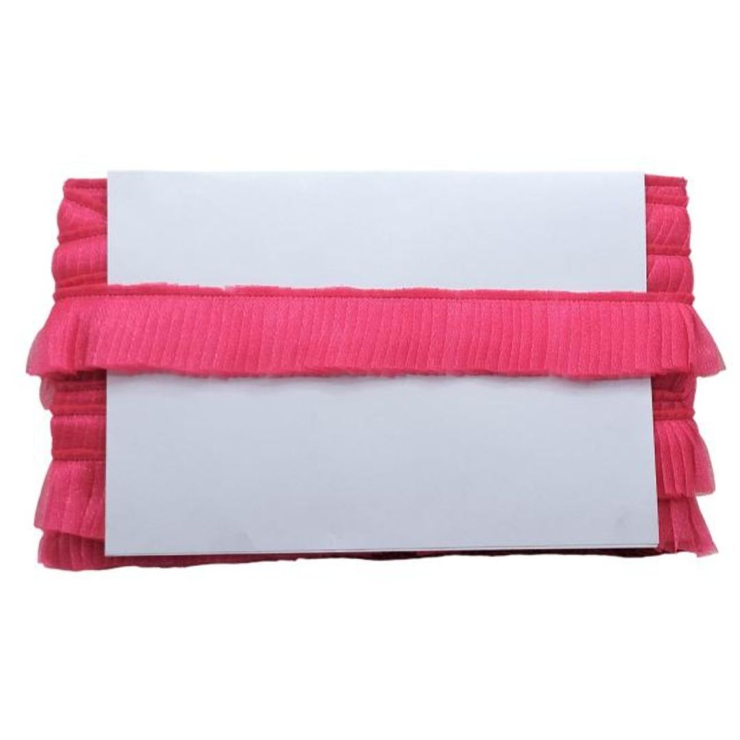 Pink ruffled clutch bag on a white background