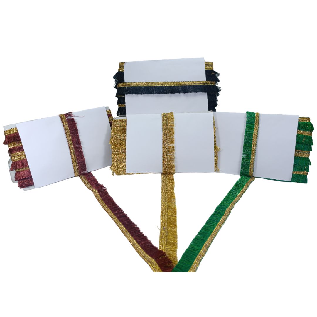 Set of white belts with colorful fringes on a white background