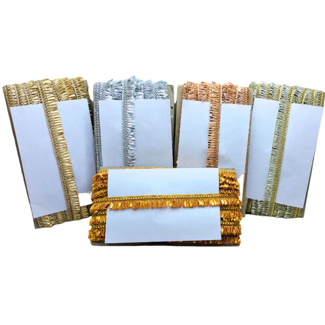Set of five decorative name cards with gold and silver fringes on a white background